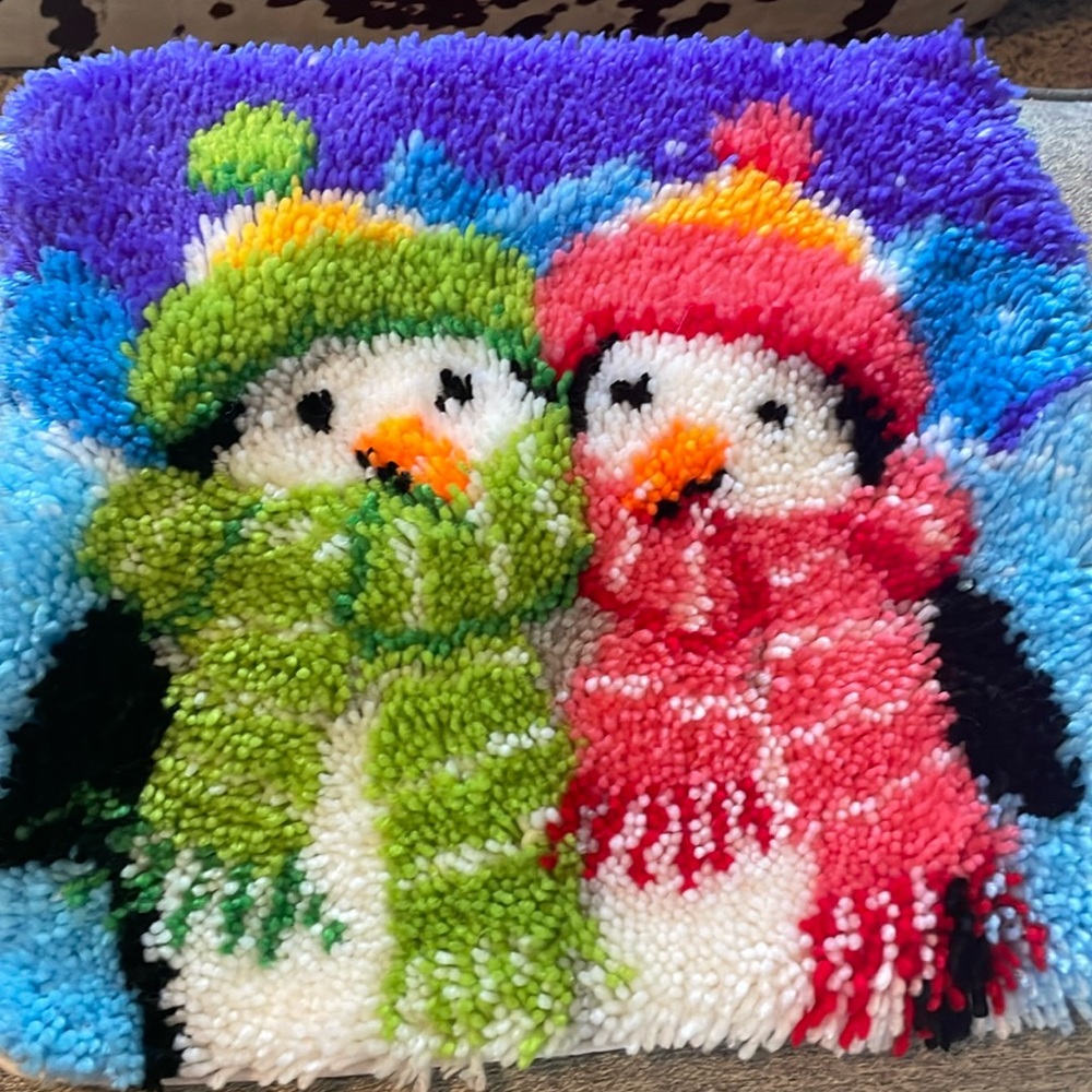 Winter Polar Penguin Holiday handmade latch hook pillow 17x17
